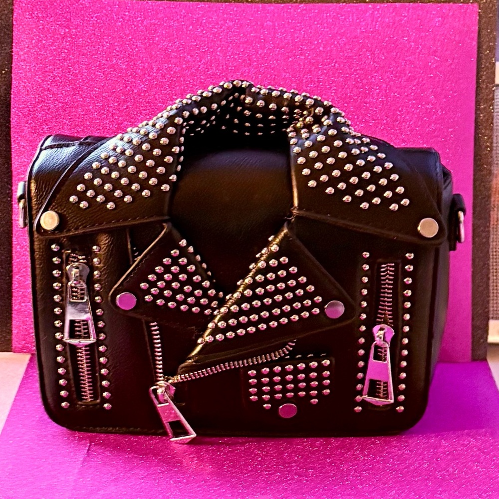 Motorcycle Jacket Inspired Studded Black Leather Crossbody or Clutch Bag NWWT - Picture 3 of 16